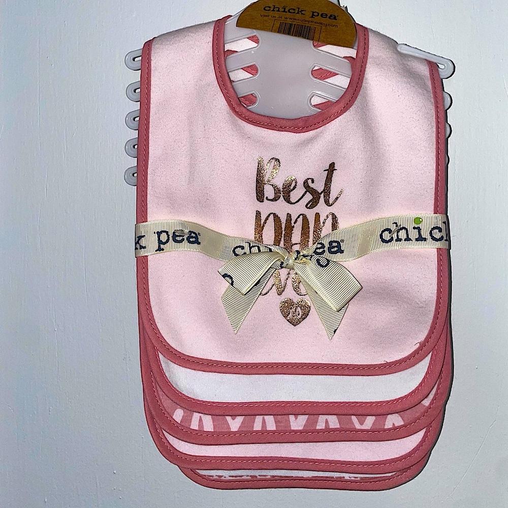 Chick Pea Brand 5-piece cotton baby girl bib set.